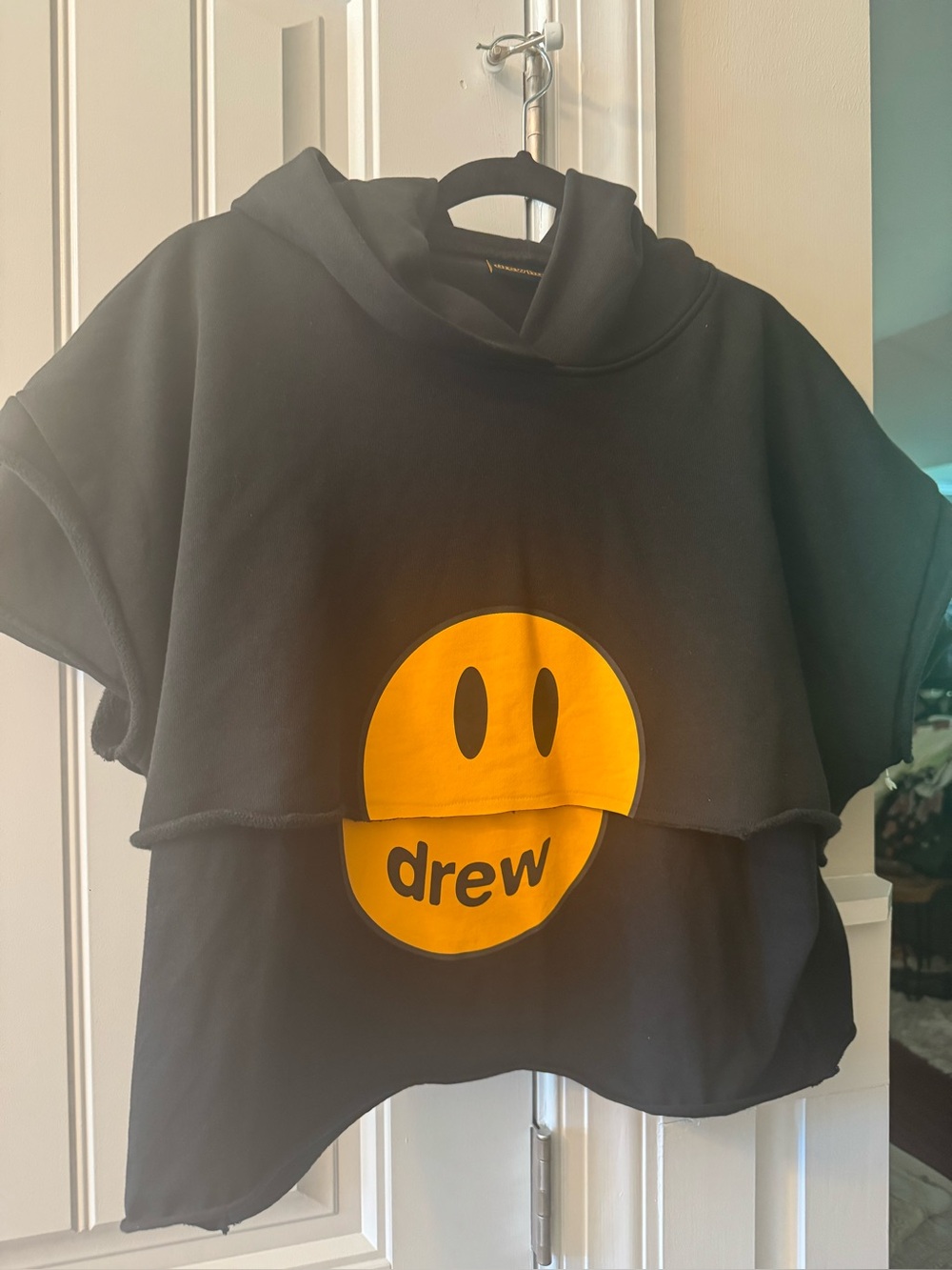 Drew Black Hoodie Crop Top with Yellow Smiley Logo - women's